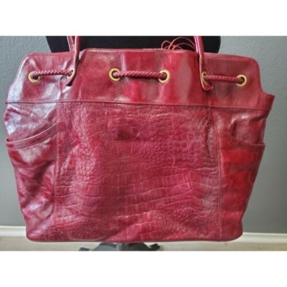 Charles David Red Alligator Leather Hobo Bag Purse Travel Overnight Drawstring - Picture 7 of 16